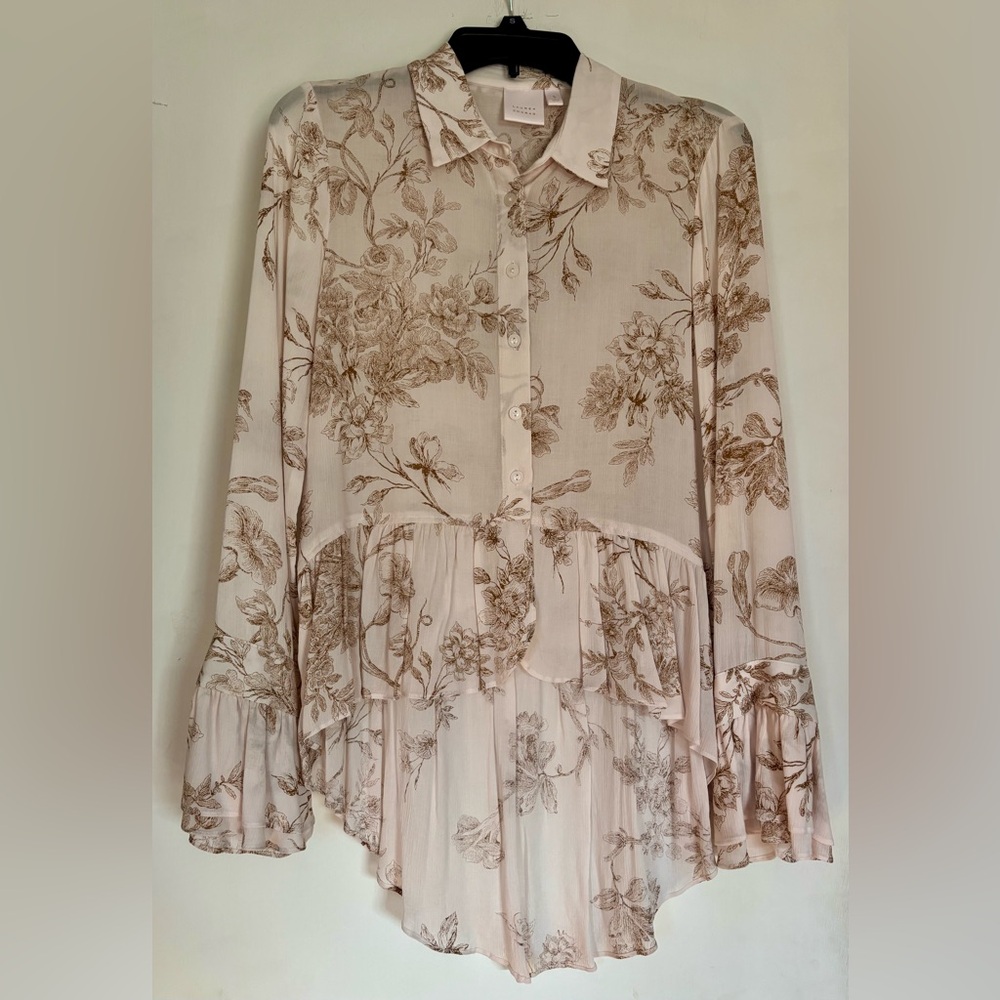 LC Lauren Conrad Cream Blush Floral Ruffle Button-Up Tunic